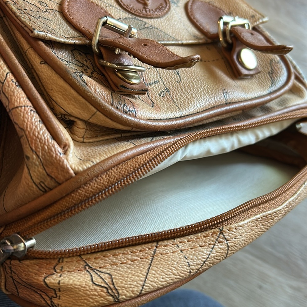 Vintage 90s Antique World Map Backpack Faux Leather 5 Pockets Tan Brown - Picture 6 of 15
